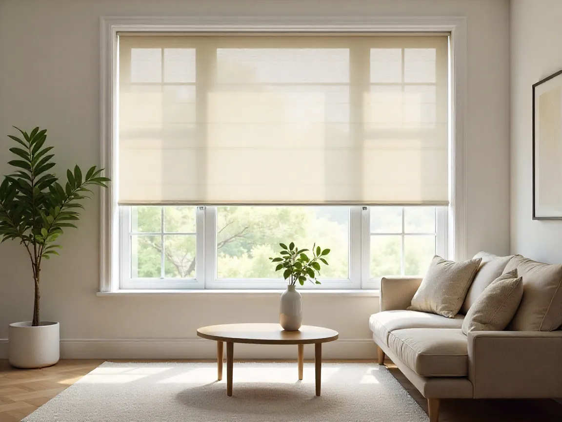 Contemporary roller blinds in neutral palette creating serene atmosphere in modern living space
